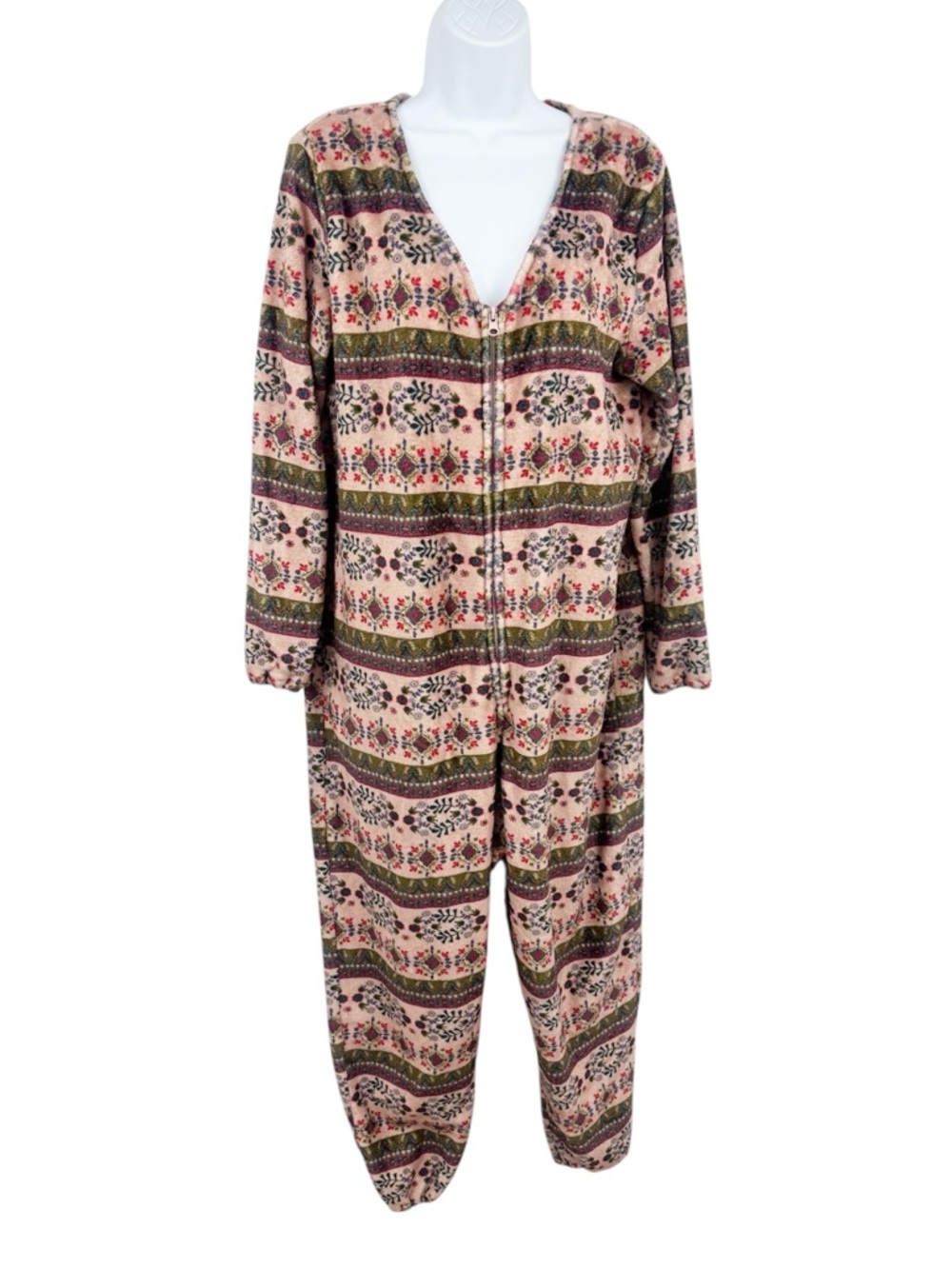 Natural Life Fair Isle Long Sleeve One Piece Fleece Pajama Jumpsuit Size Small